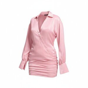 Mad For Love Pink Silky V Neck Mini Shirt Dress